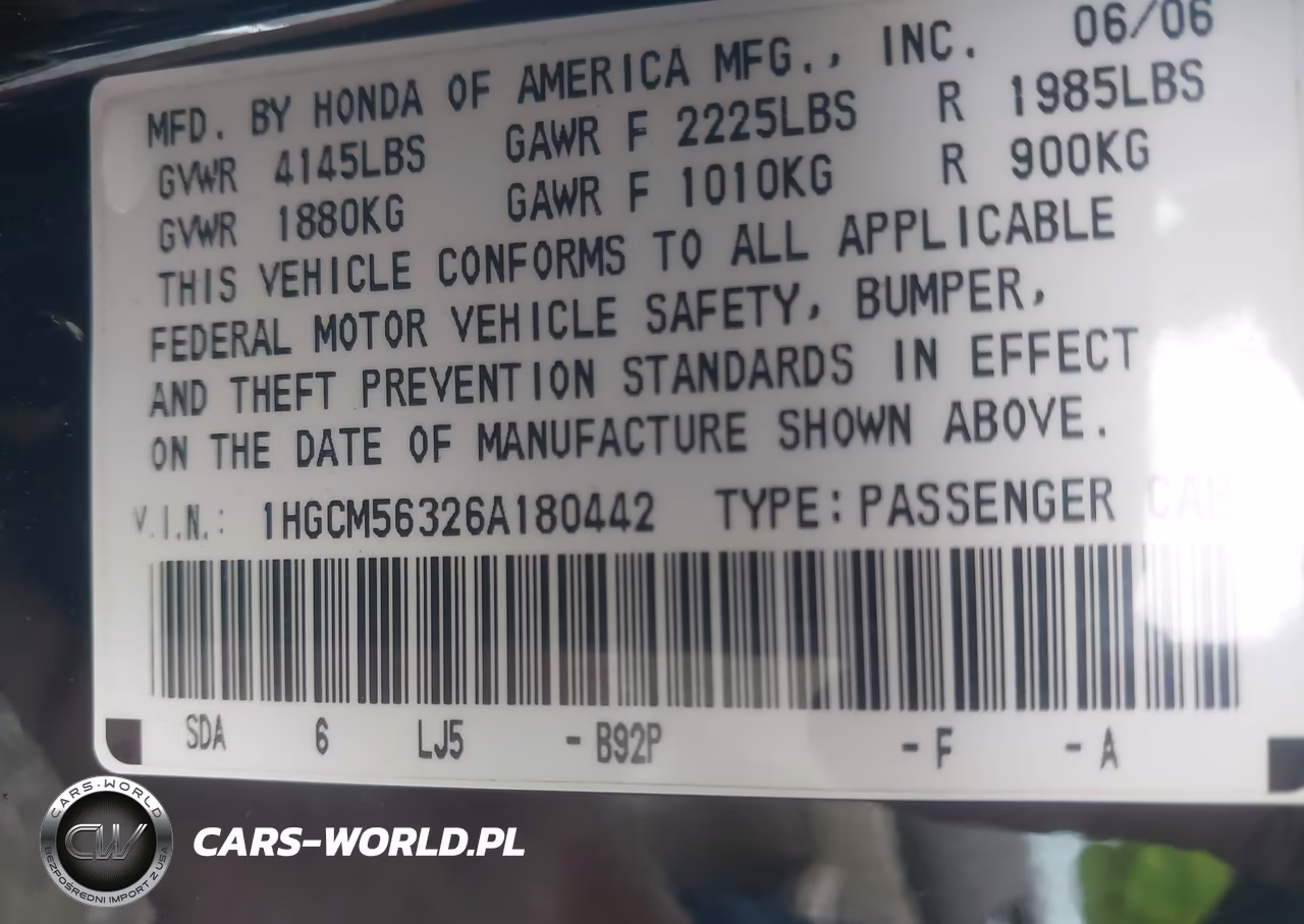 2006 Honda Accord 2.4 Se VIN:1HGCM56326A180442 - 9