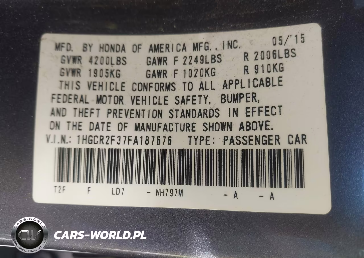 2015 Honda Accord Lx VIN:1HGCR2F37FA187676 - 9