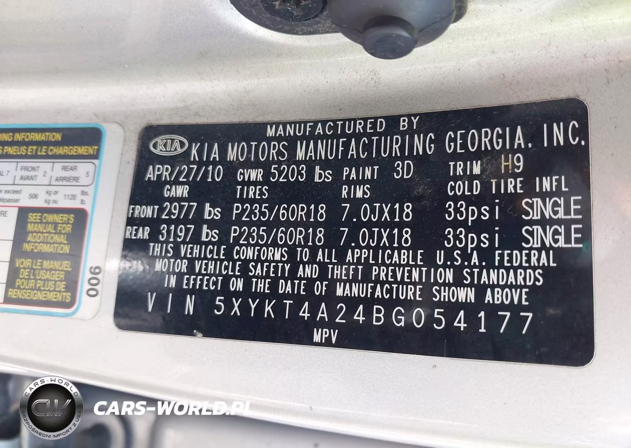 2011 Kia Sorento Lx V6 VIN:5XYKT4A24BG054177 - 9