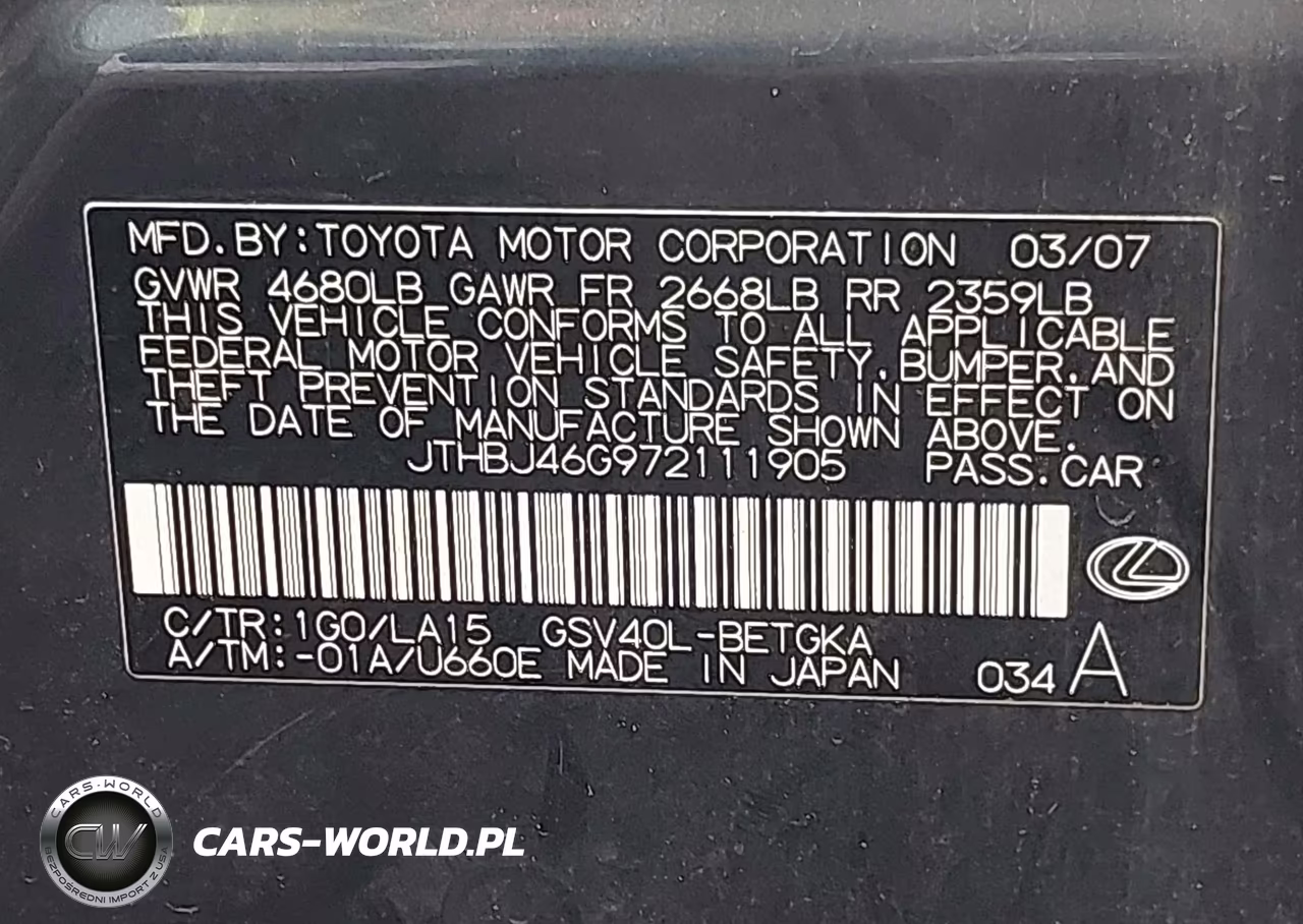 2007 Lexus Es 350 VIN:JTHBJ46G972111905 - 9