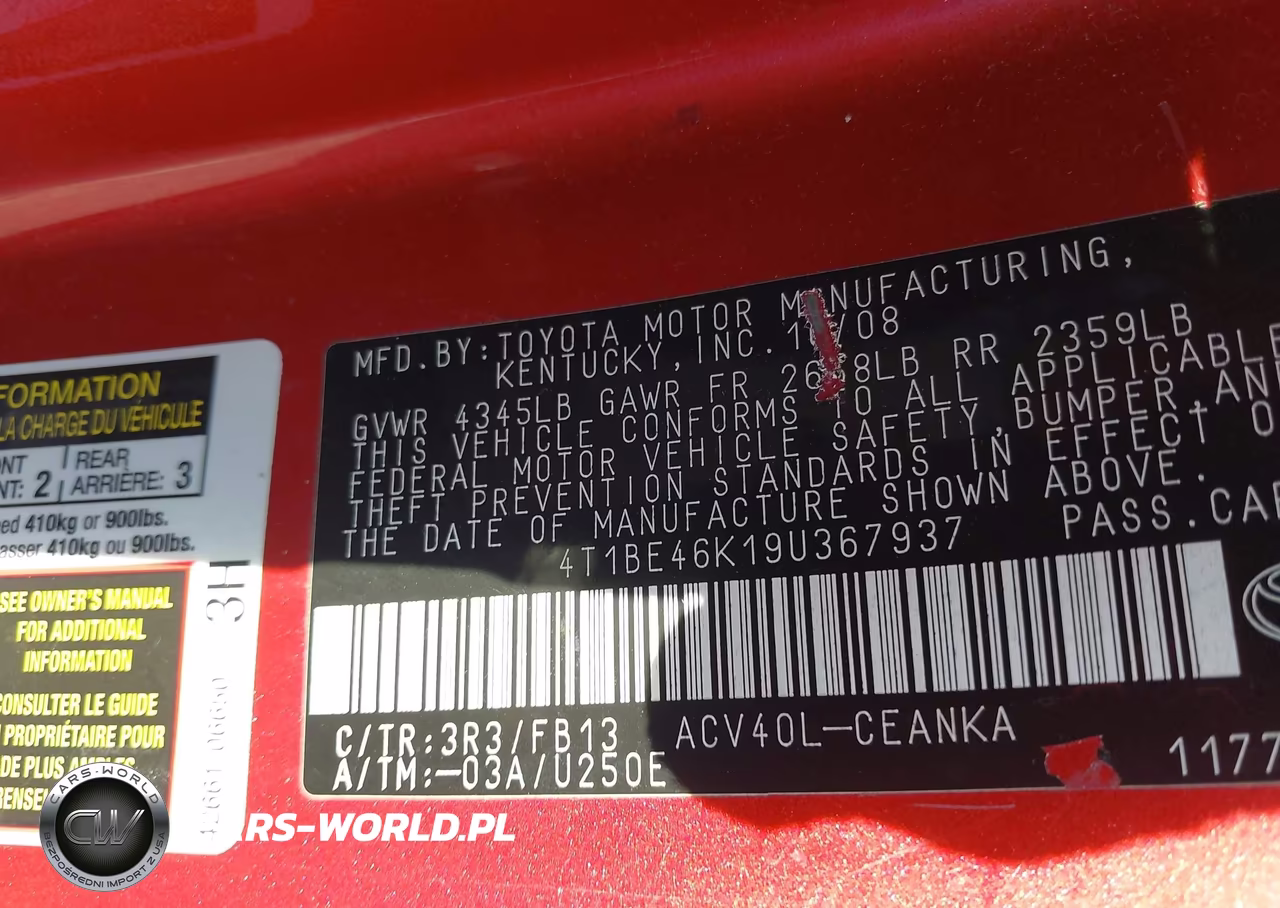 2009 Toyota Camry Le VIN:4T1BE46K19U367937 - 9