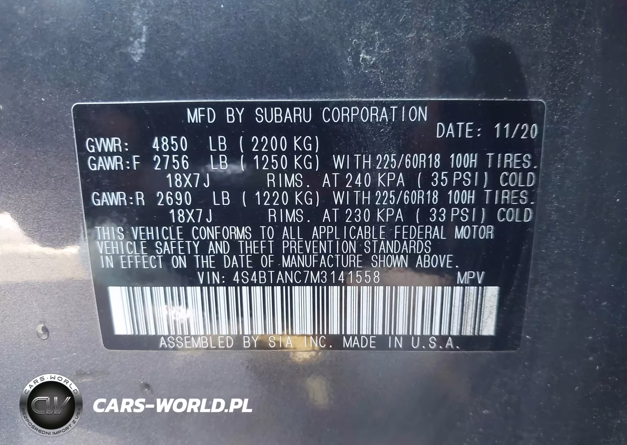 2021 Subaru Outback Limited VIN:4S4BTANC7M3141558 - 9