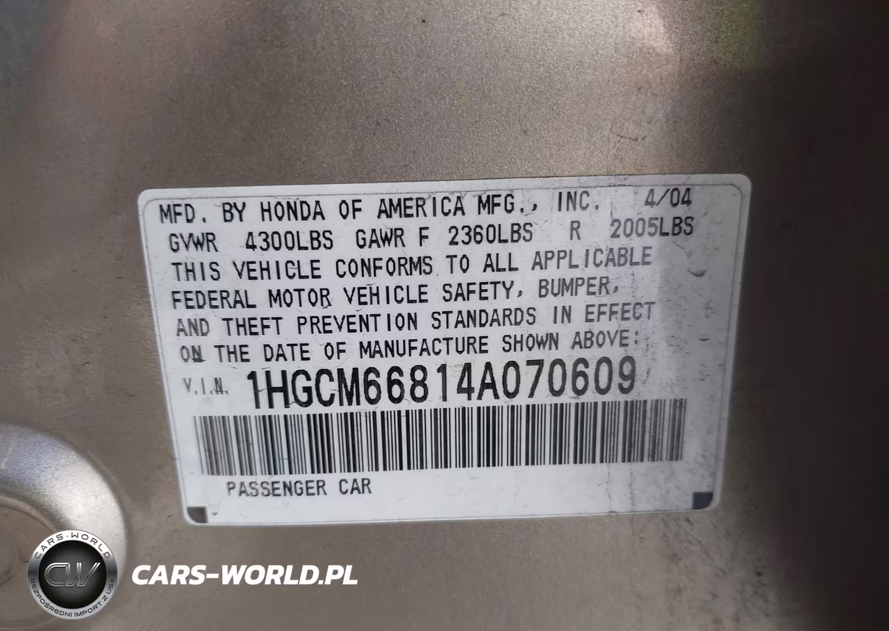 2004 Honda Accord 3.0 Ex VIN:1HGCM66814A070609 - 9