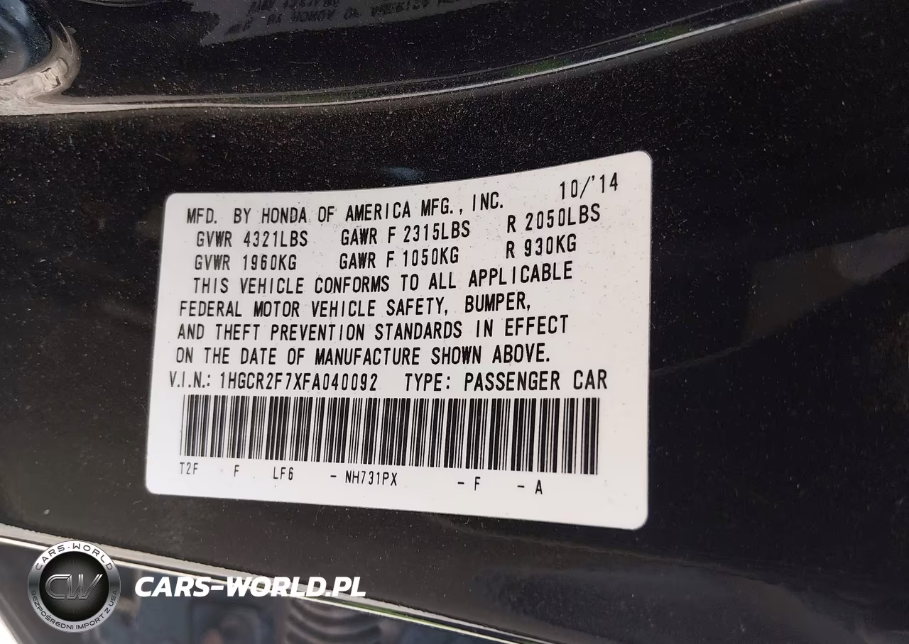 2015 Honda Accord Ex VIN:1HGCR2F7XFA040092 - 9