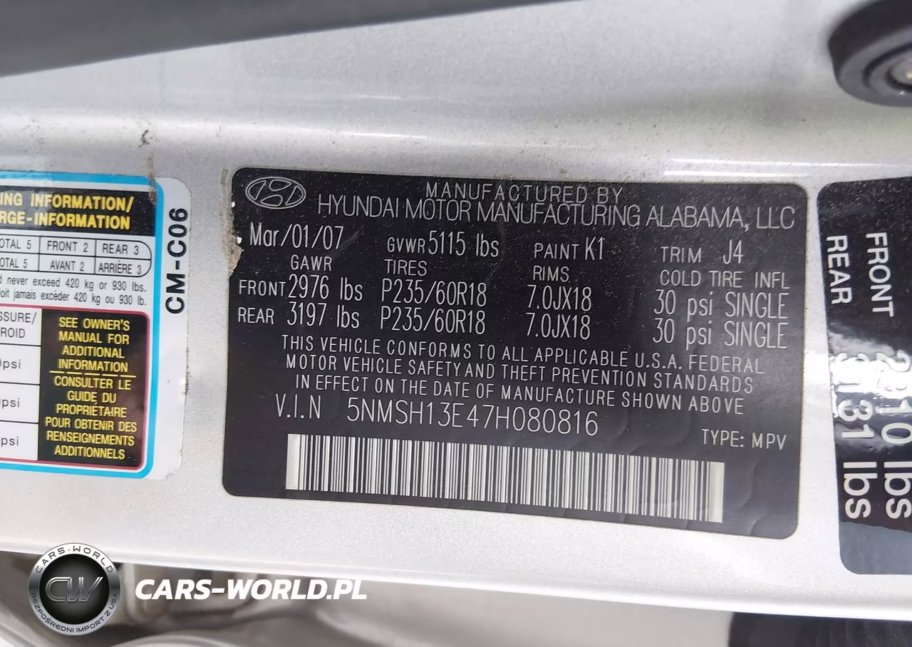 2007 Hyundai Santa Fe Limited-Se VIN:5NMSH13E47H080816 - 9