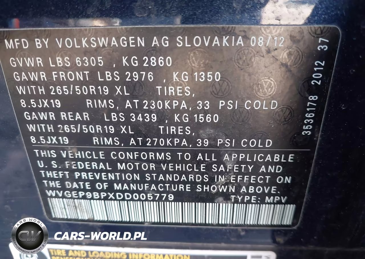 2013 Volkswagen Touareg Tdi Lux VIN:WVGEP9BPXDD005779 - 9