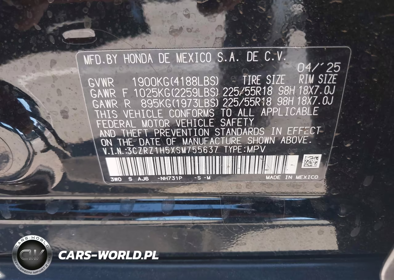 2025 Honda Hr-V 2Wd Sport VIN:3CZRZ1H5XSM755637 - 9