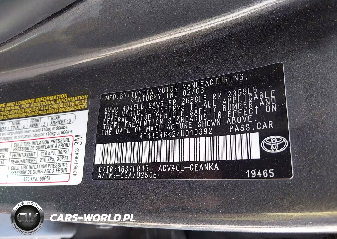 2007 Toyota Camry Le VIN:4T1BE46K27U010392 - 9