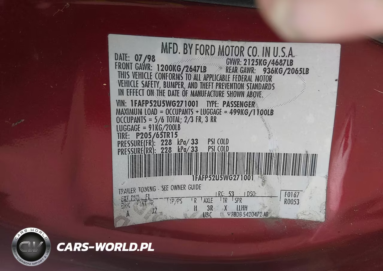 1998 Ford Taurus Lx-Se VIN:1FAFP52U5WG271001 - 9