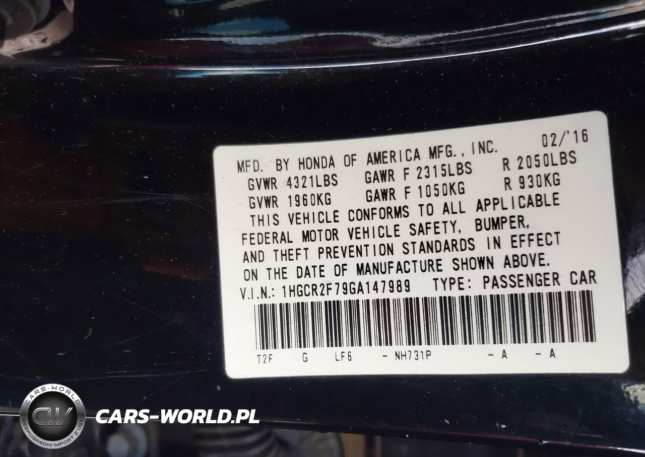 HONDA ACCORD VIN:1HGCR2F79GA147989 - 9