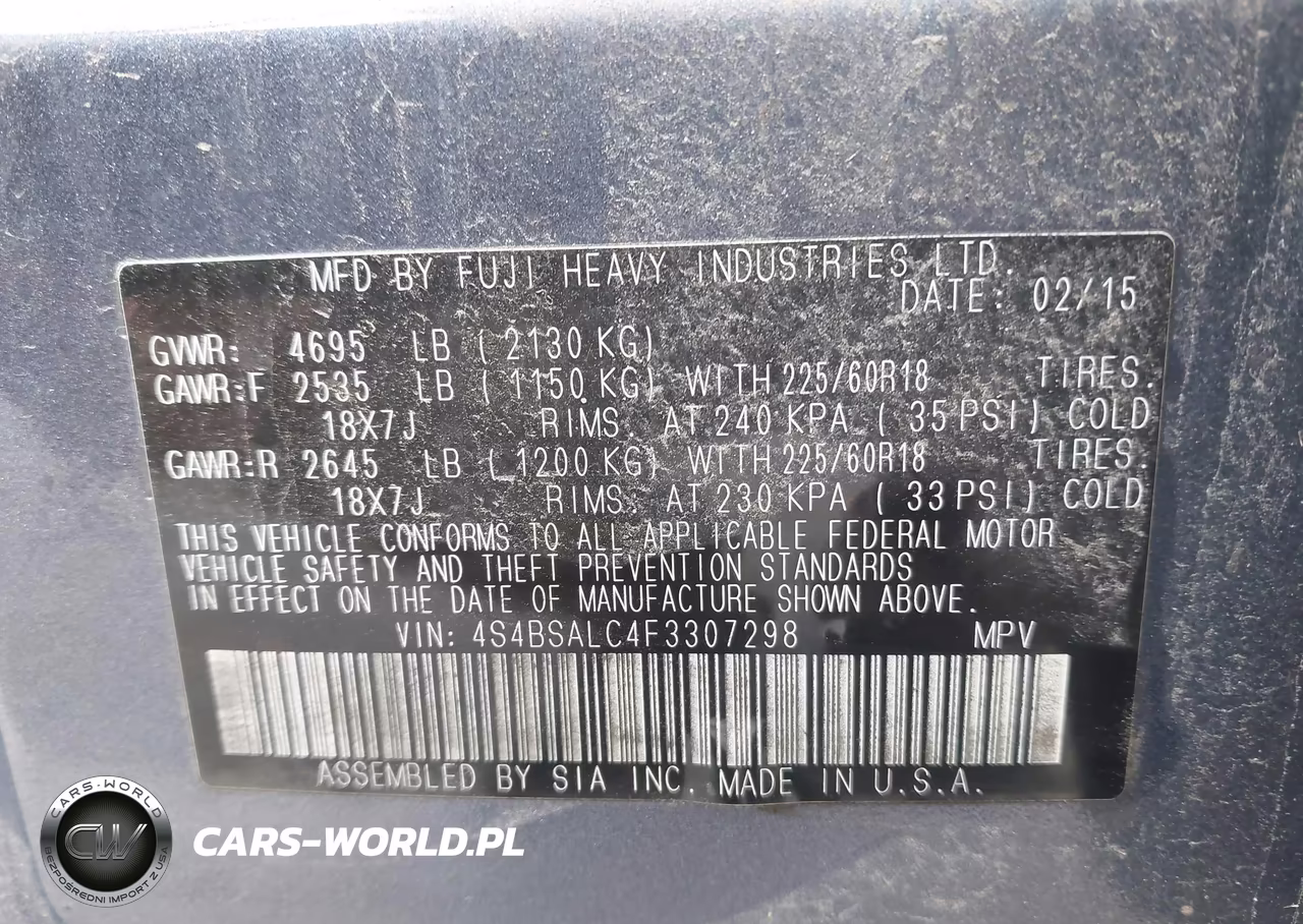 2015 Subaru Outback 2.5I Limited VIN:4S4BSALC4F3307298 - 9