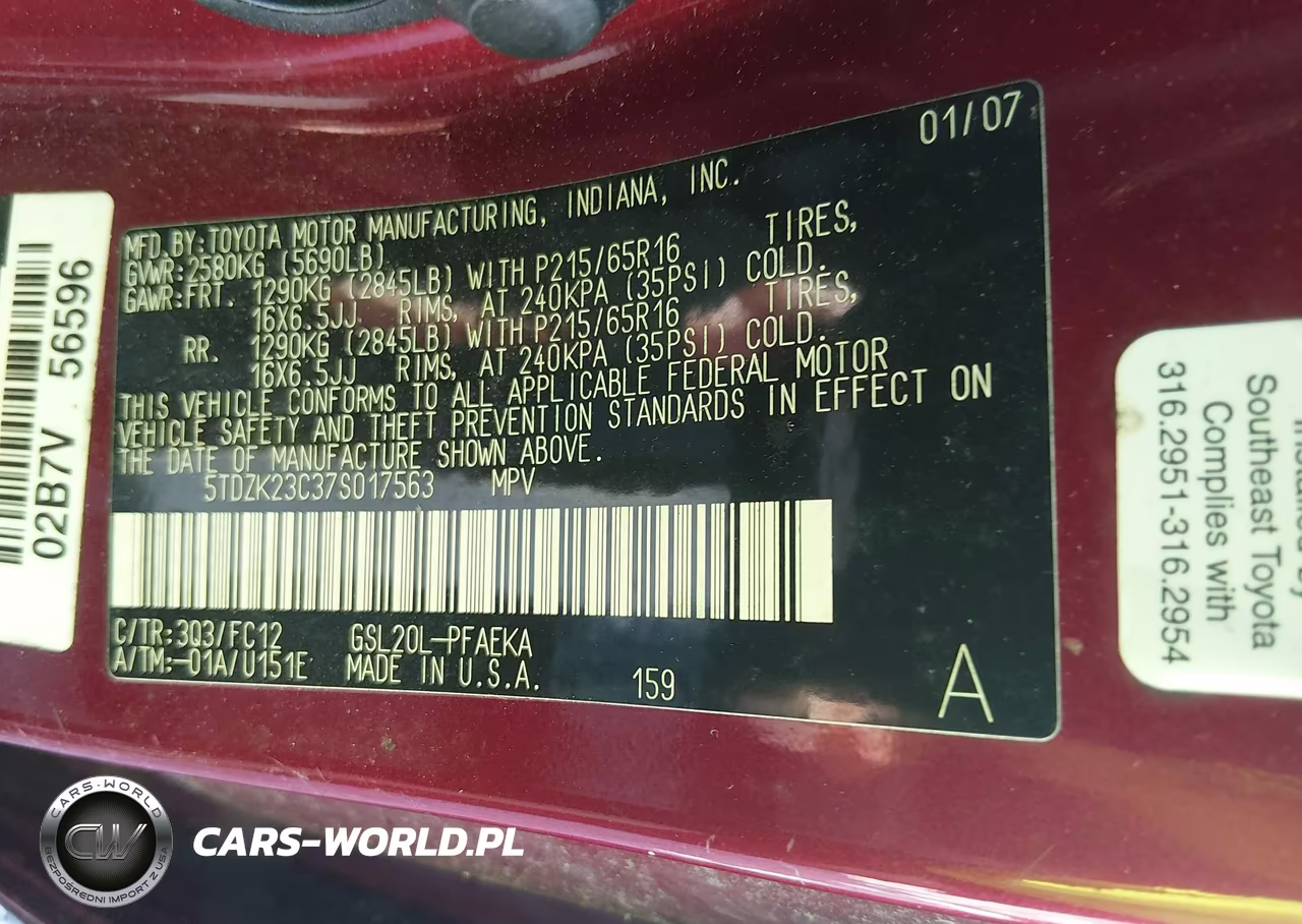 2007 Toyota Sienna Le VIN:5TDZK23C37S017563 - 9