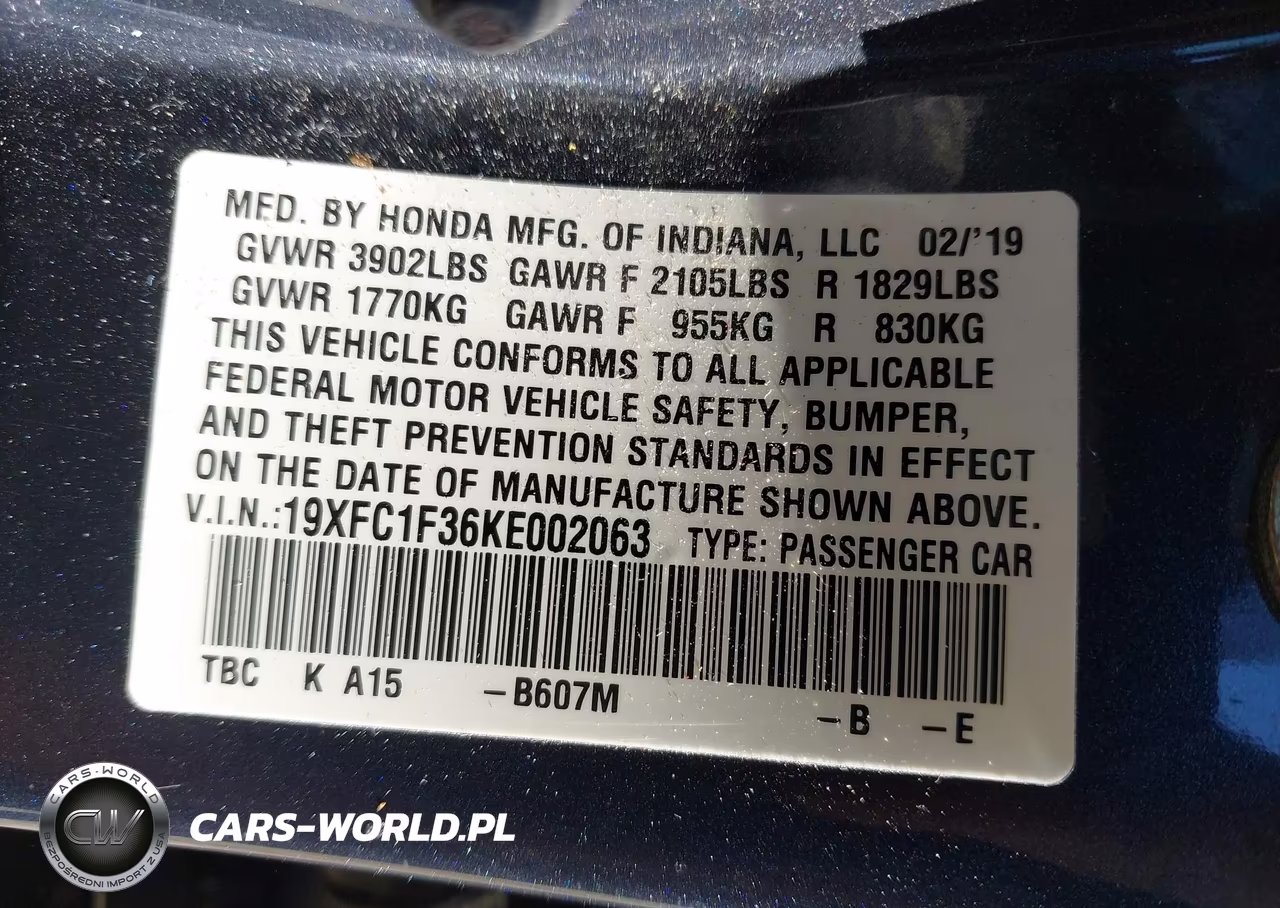 2019 Honda Civic Ex VIN:19XFC1F36KE002063 - 9
