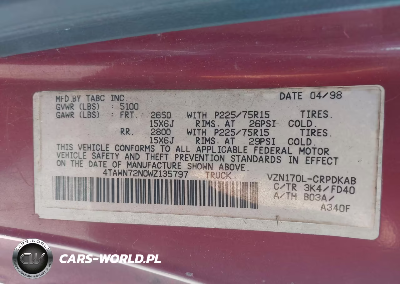 1998 Toyota Tacoma Base V6 VIN:4TAWN72N0WZ135797 - 9