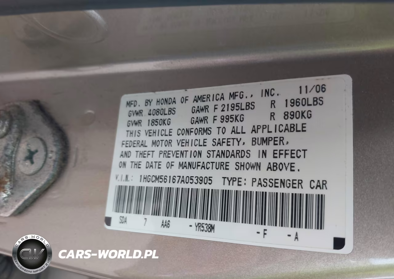 2007 Honda Accord 2.4 Vp VIN:1HGCM56167A053905 - 9