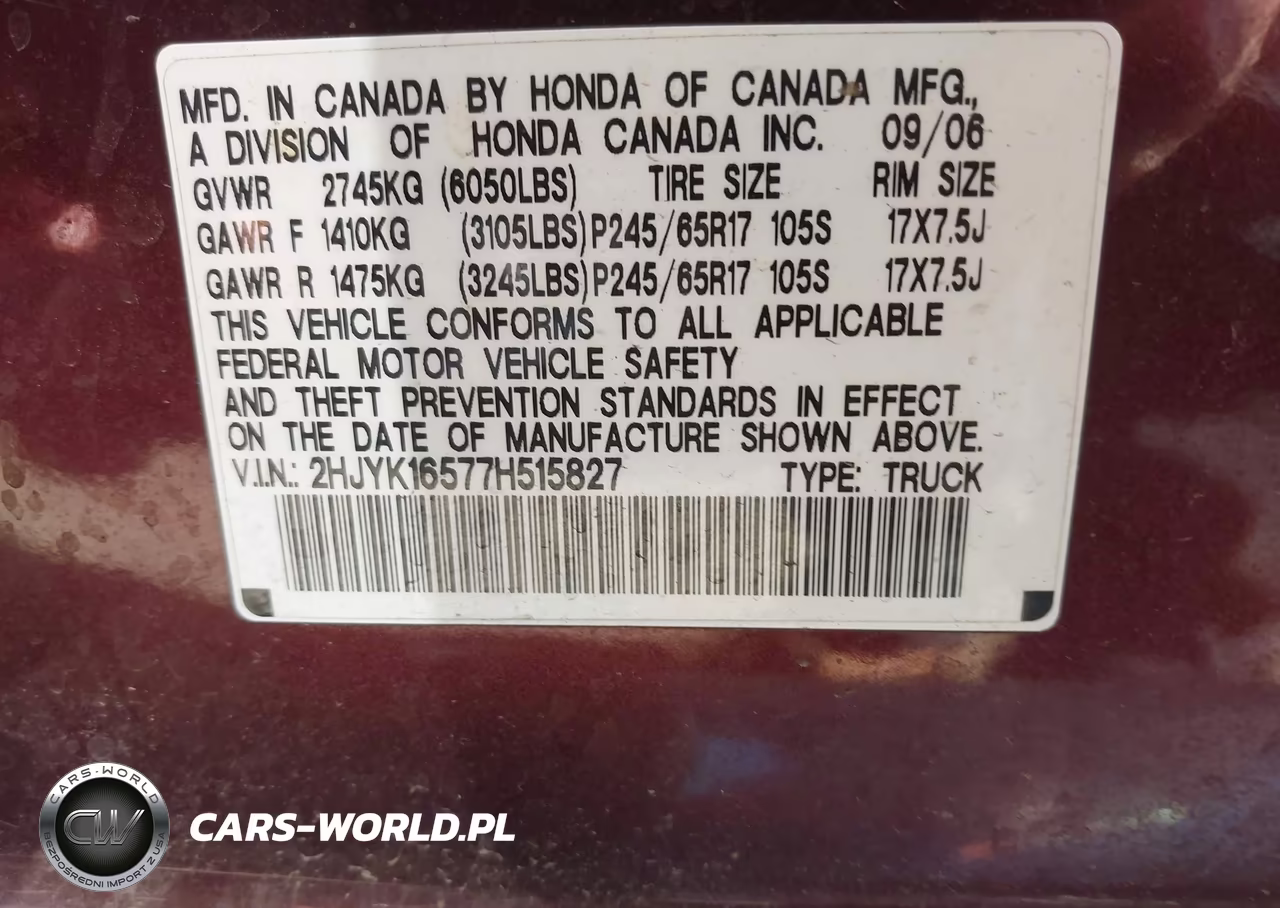 2007 Honda Ridgeline Rtl VIN:2HJYK16577H515827 - 9