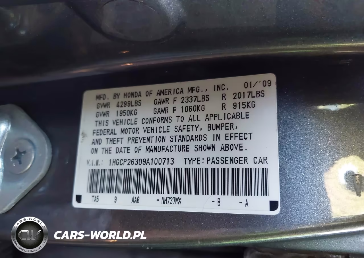 2009 Honda Accord 2.4 Lx VIN:1HGCP26309A100713 - 9