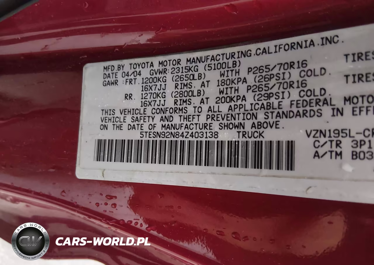 2004 Toyota Tacoma Prerunner V6 VIN:5TESN92N84Z403138 - 9