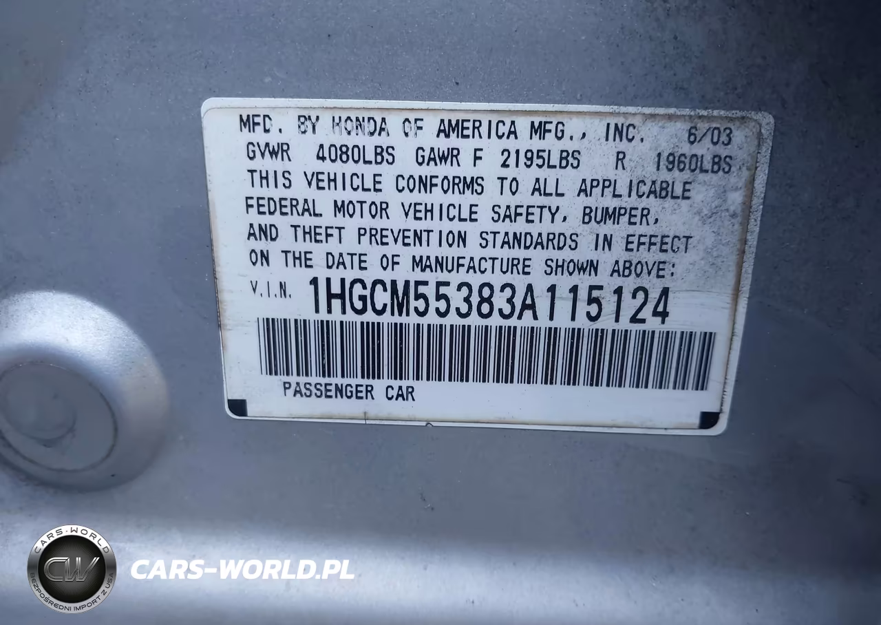 2003 Honda Accord 2.4 Lx VIN:1HGCM55383A115124 - 9