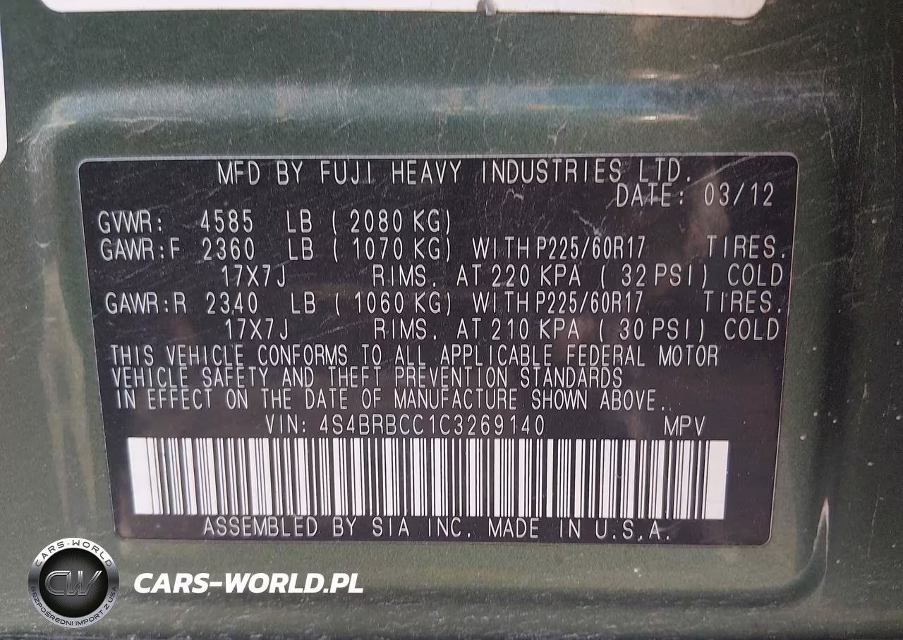 2012 Subaru Outback 2.5I Premium VIN:4S4BRBCC1C3269140 - 9