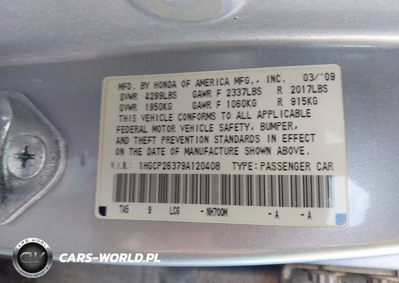 2009 Honda Accord 2.4 Lx VIN:1HGCP26379A120408 - 9