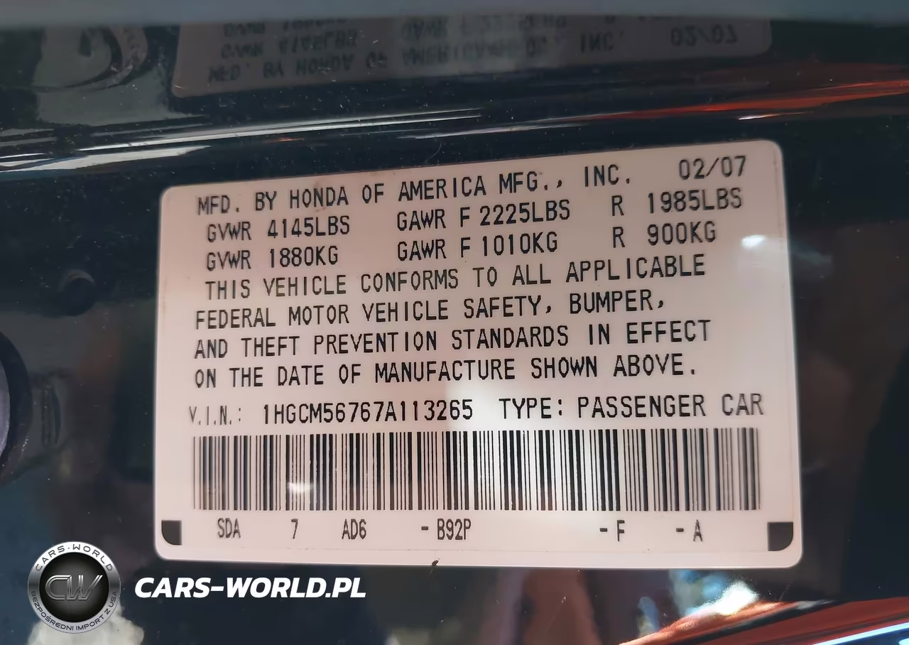 2007 Honda Accord 2.4 Ex VIN:1HGCM56767A113265 - 9