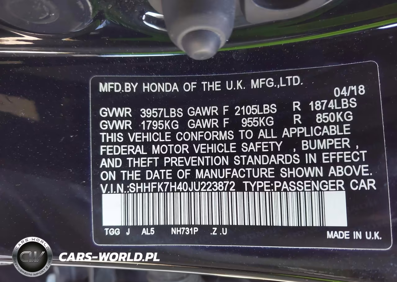 2018 Honda Civic Sport VIN:SHHFK7H40JU223872 - 9