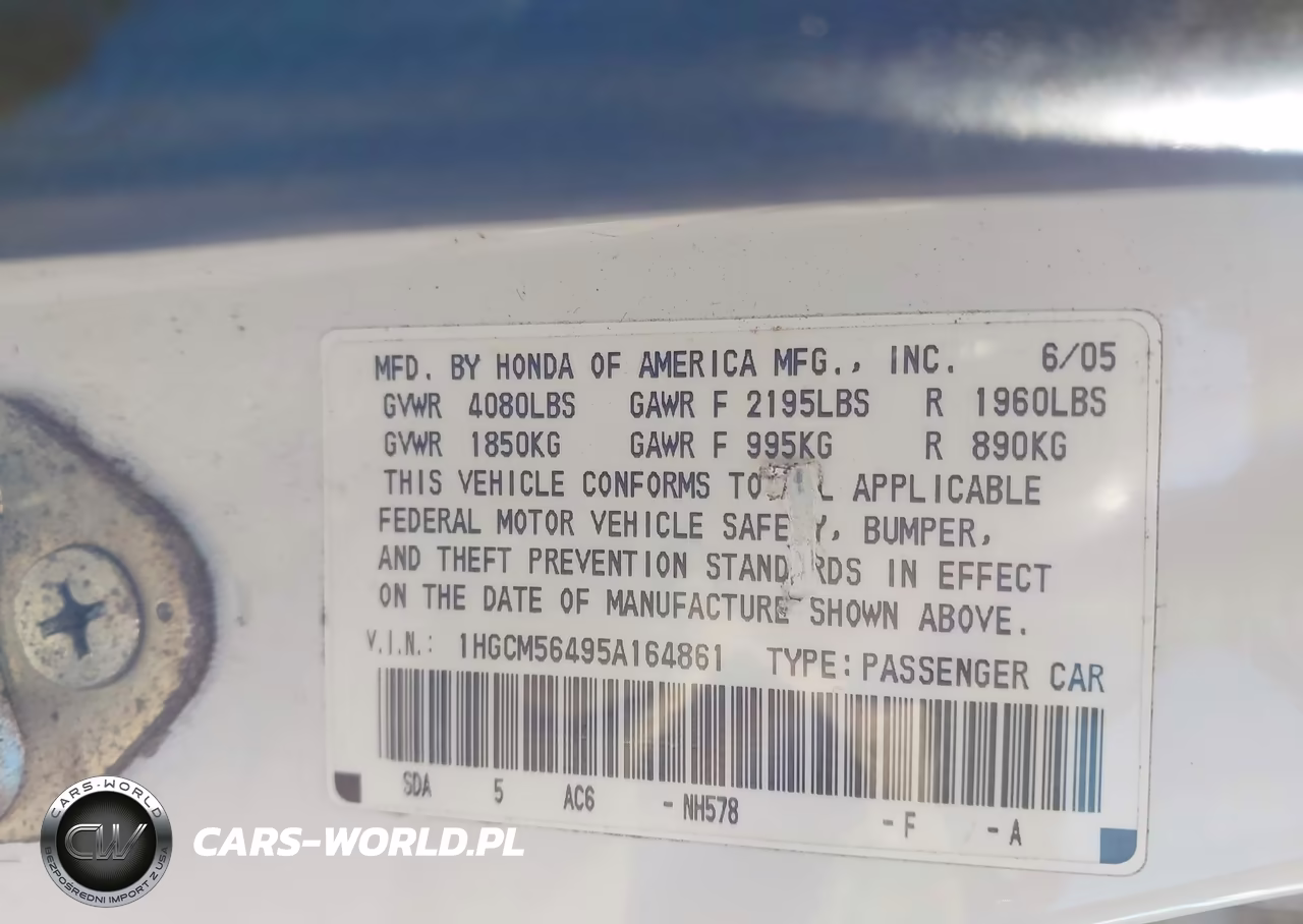 2005 Honda Accord 2.4 Lx VIN:1HGCM56495A164861 - 9