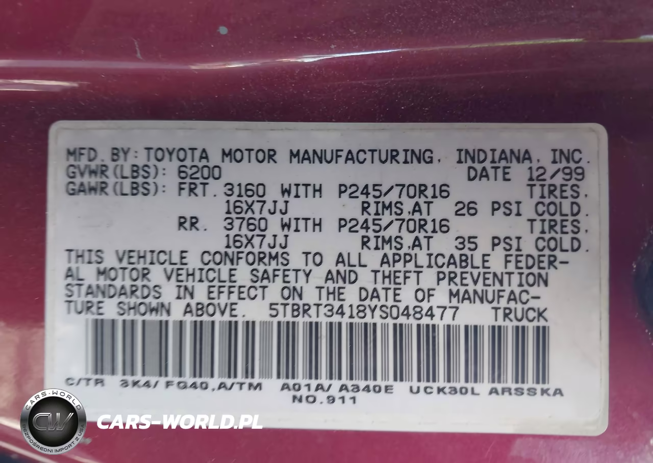 2000 Toyota Tundra Sr5 V8 VIN:5TBRT3418YS048477 - 9