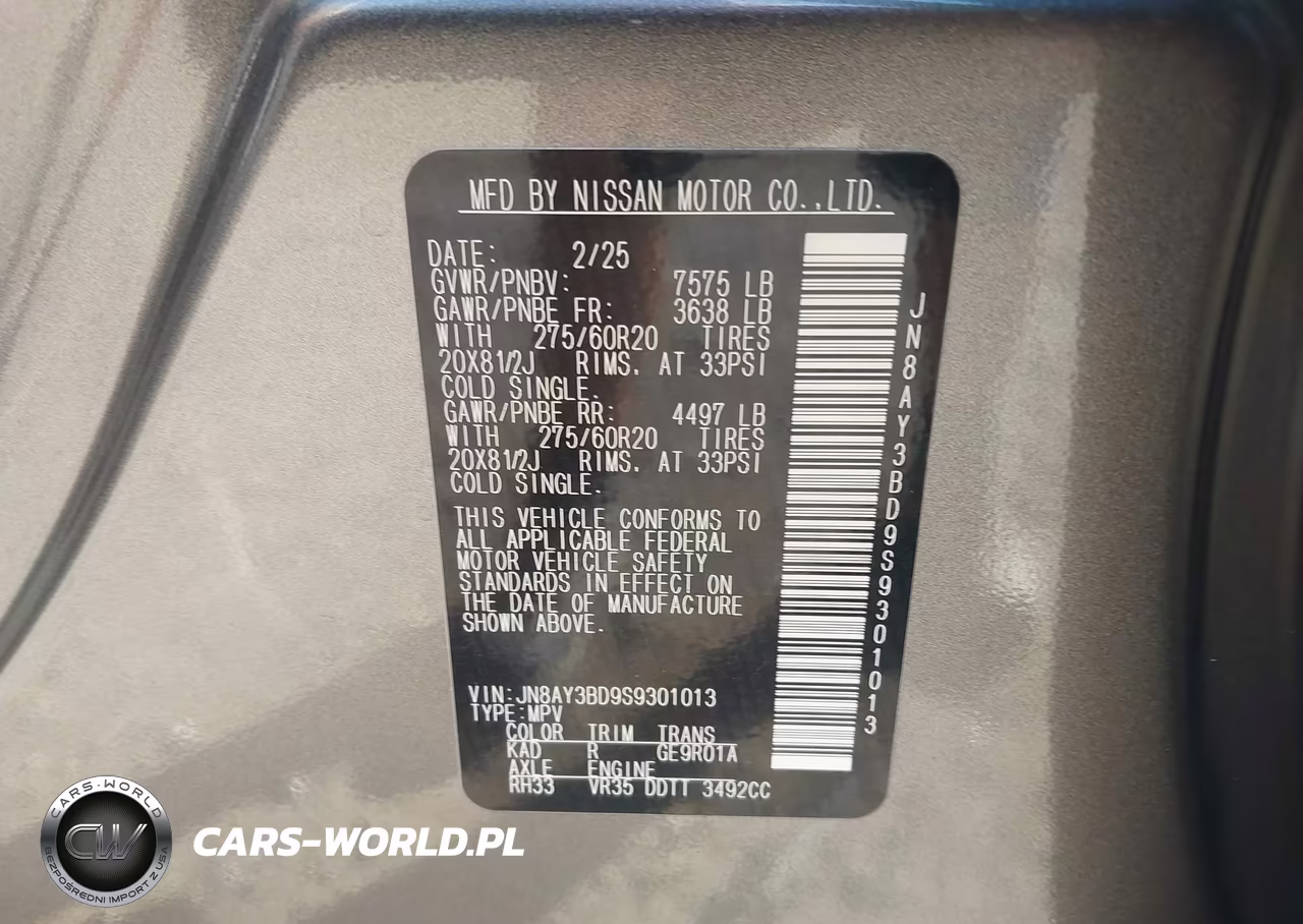 2025 Nissan Armada Sl 2Wd VIN:JN8AY3BD9S9301013 - 9