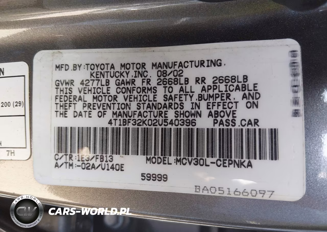 2002 Toyota Camry Le V6 VIN:4T1BF32K02U540396 - 9