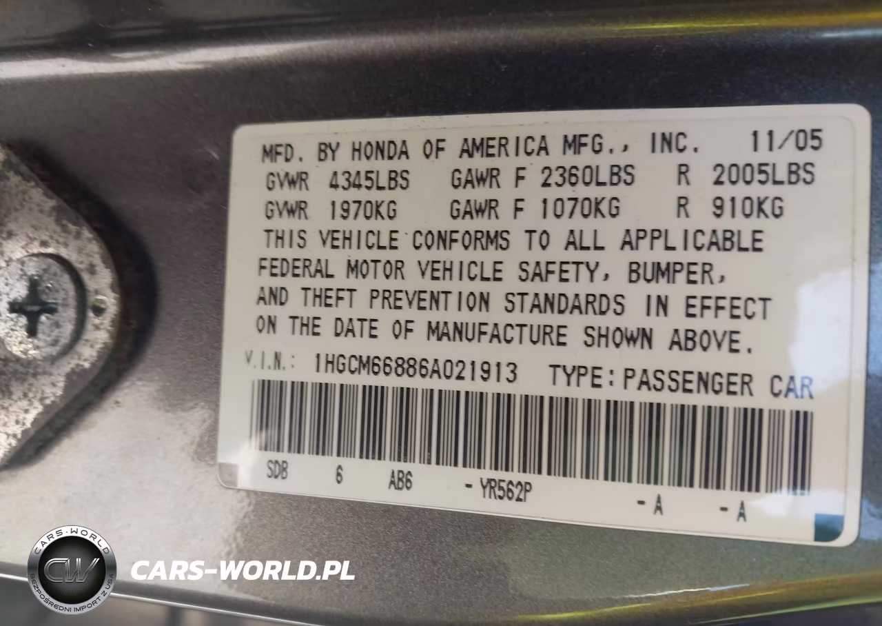 2006 Honda Accord 3.0 Ex VIN:1HGCM66886A021913 - 9