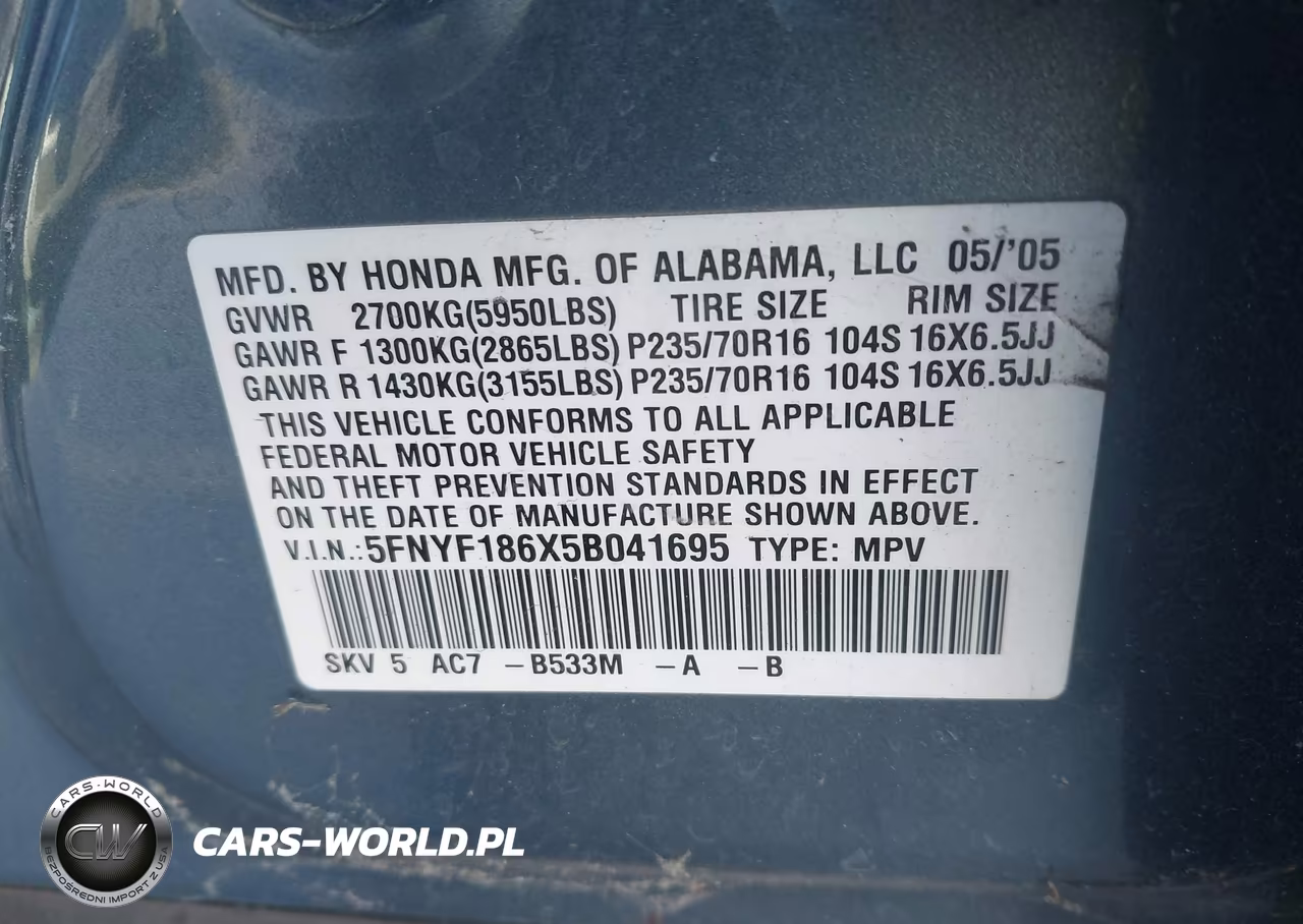 2005 Honda Pilot Ex-L VIN:5FNYF186X5B041695 - 9