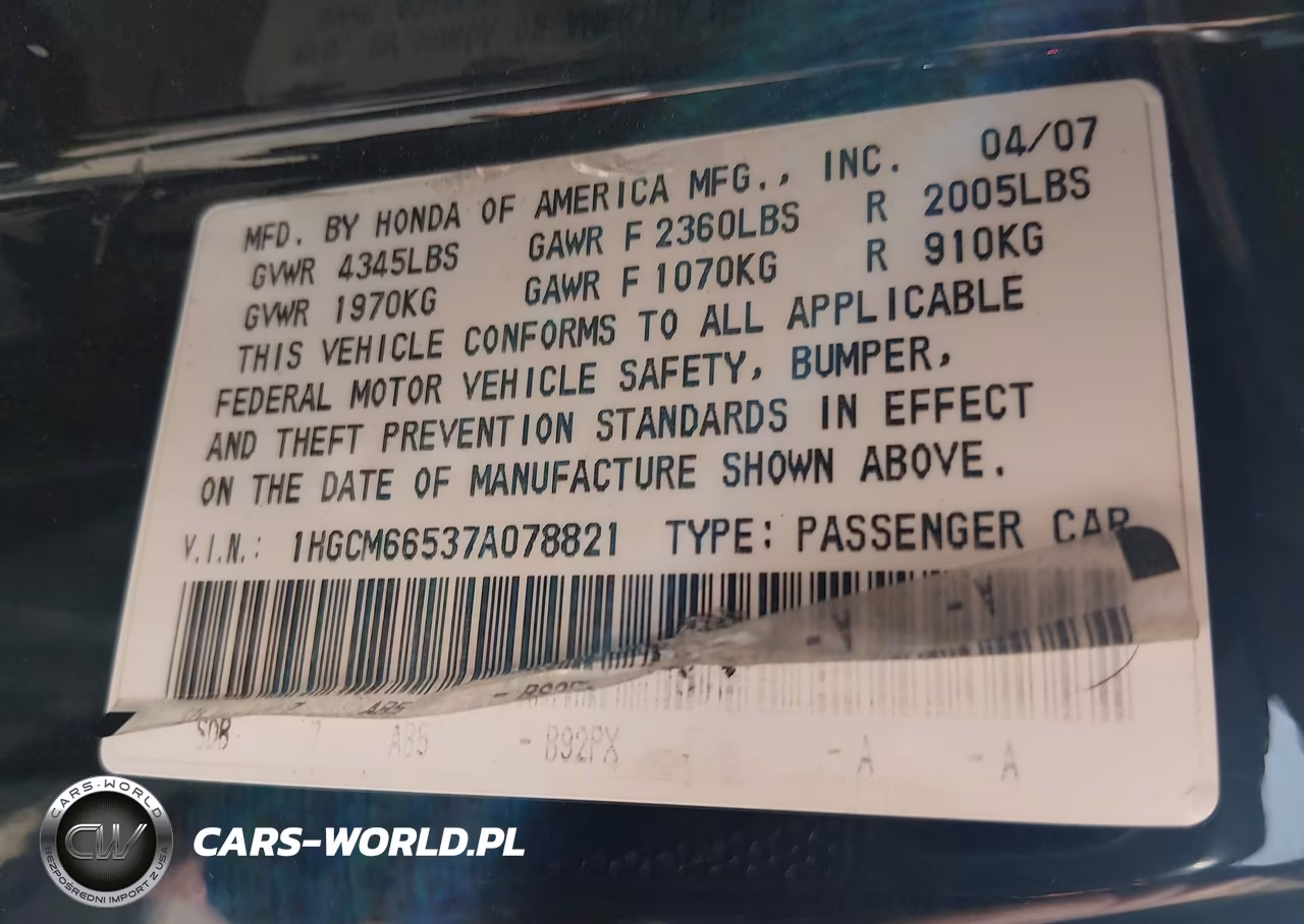 2007 Honda Accord 3.0 Ex VIN:1HGCM66537A078821 - 9
