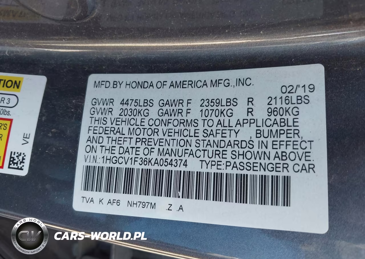 2019 Honda Accord Sport VIN:1HGCV1F36KA054374 - 9