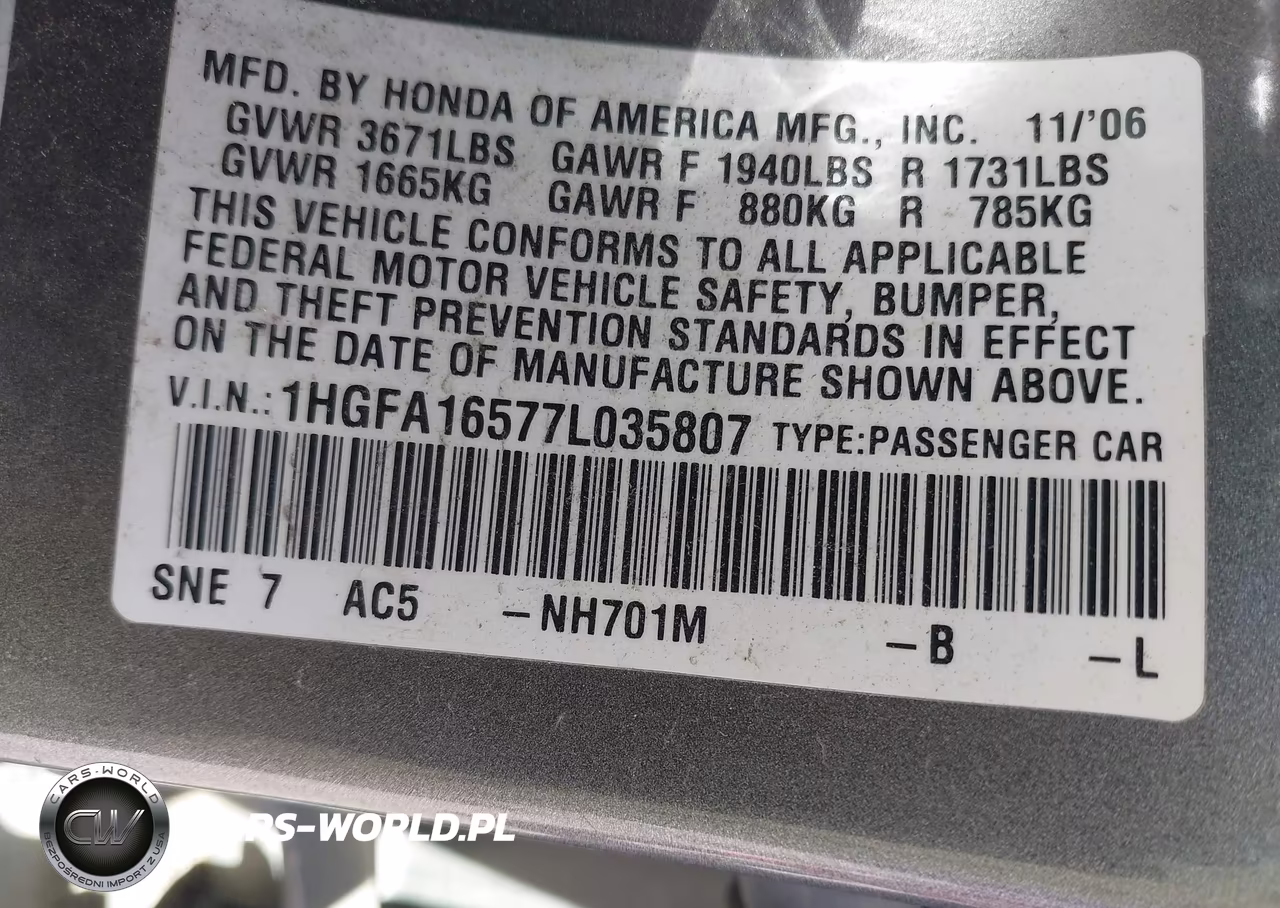 2007 Honda Civic Lx VIN:1HGFA16577L035807 - 9