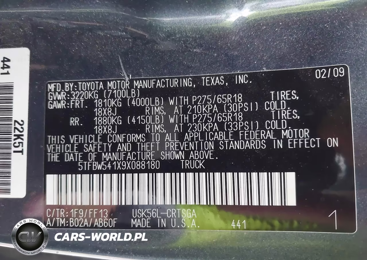 2009 Toyota Tundra Sr5 5.7L V8 VIN:5TFBW541X9X088180 - 9
