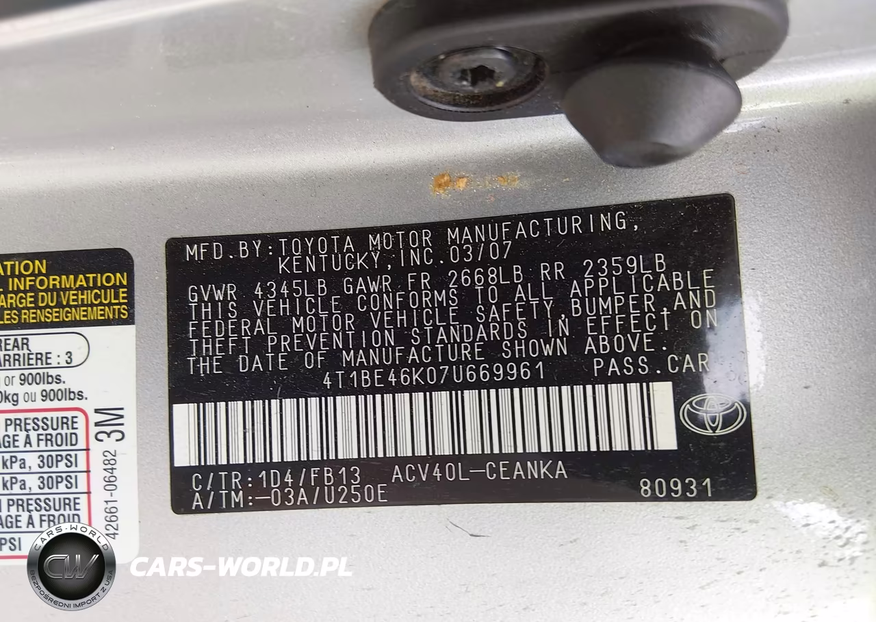 2007 Toyota Camry Le VIN:4T1BE46K07U669961 - 9