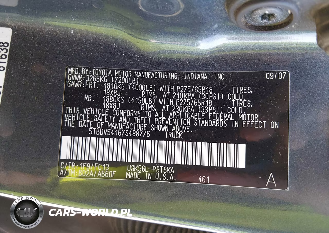 2007 Toyota Tundra Sr5 5.7L V8 VIN:5TBDV54167S488776 - 9