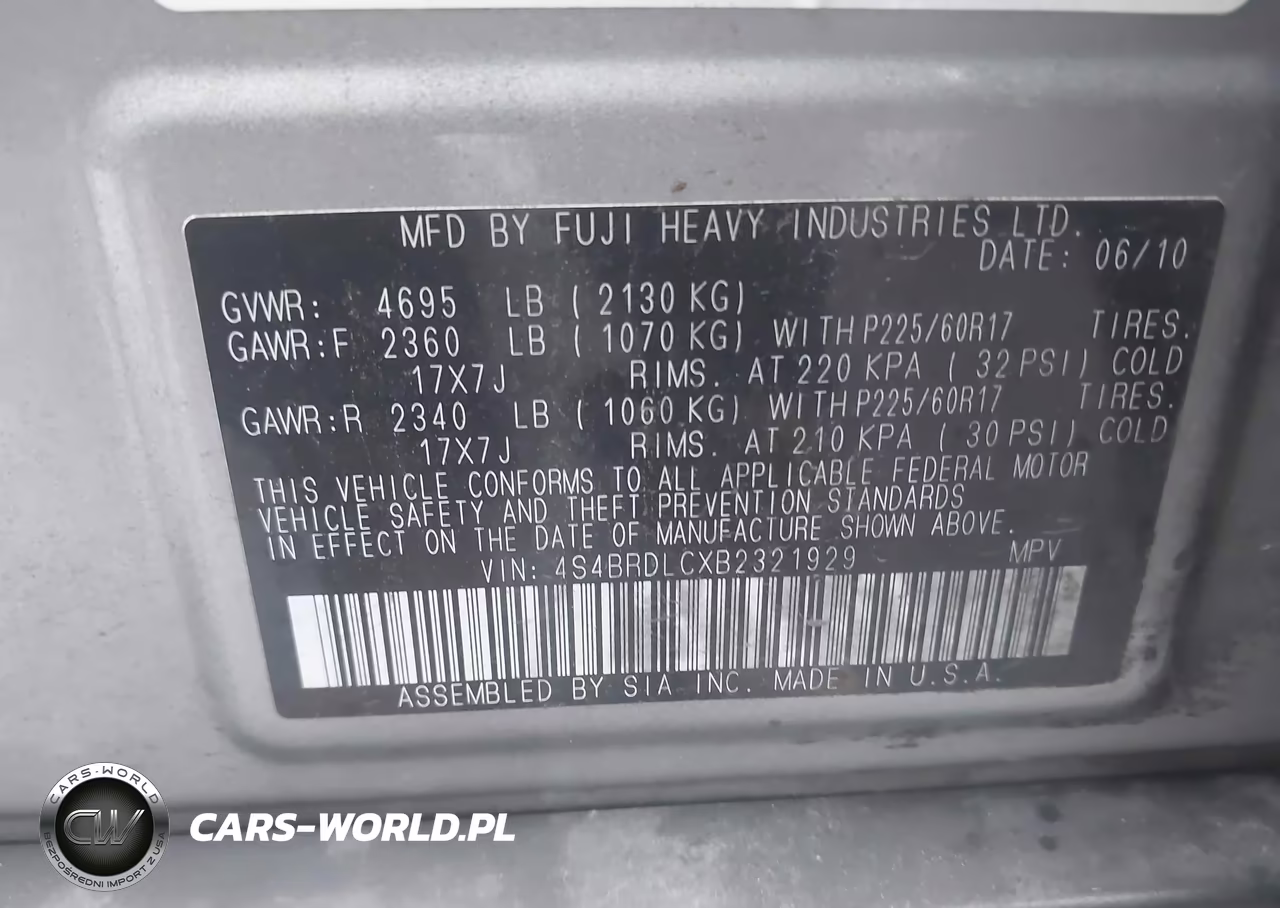 2011 Subaru Outback 3.6R Limited VIN:4S4BRDLCXB2321929 - 9