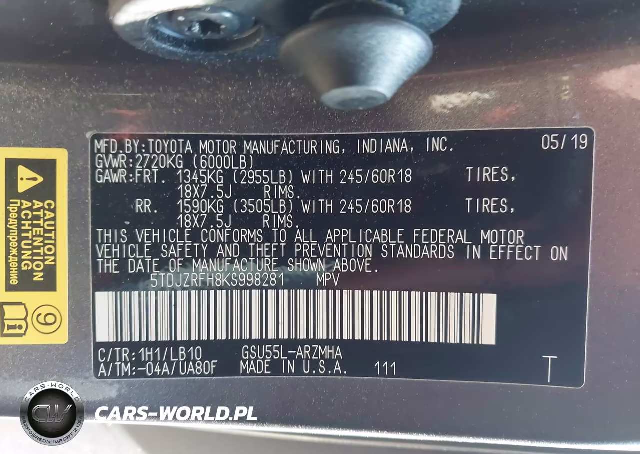 2019 Toyota Highlander Xle VIN:5TDJZRFH8KS998281 - 9