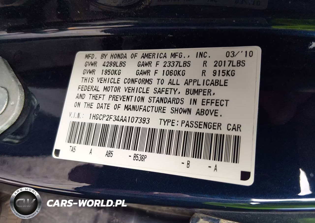 2010 Honda Accord 2.4 Lx VIN:1HGCP2F34AA107393 - 9