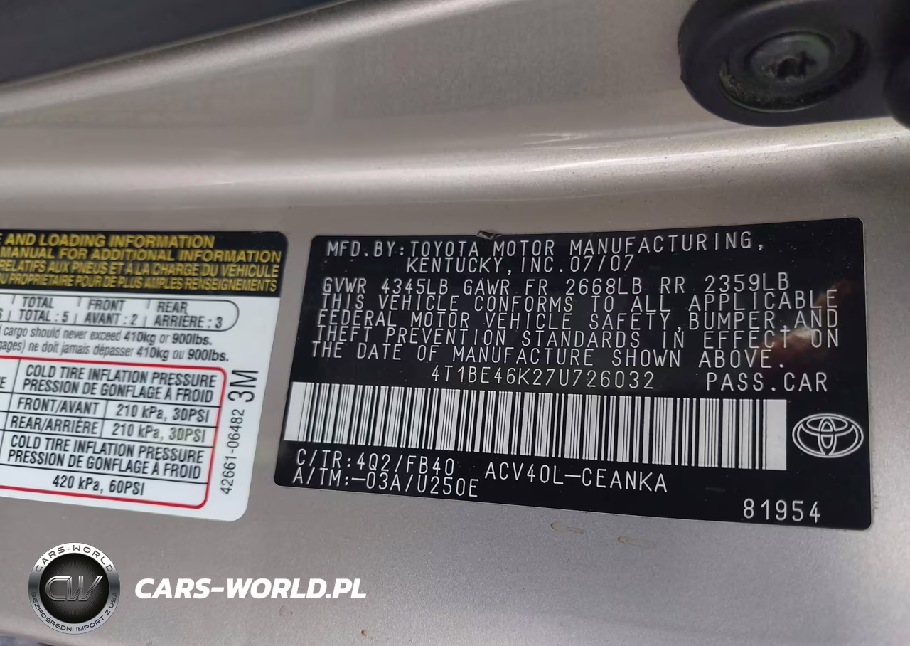 2007 Toyota Camry Le VIN:4T1BE46K27U726032 - 9