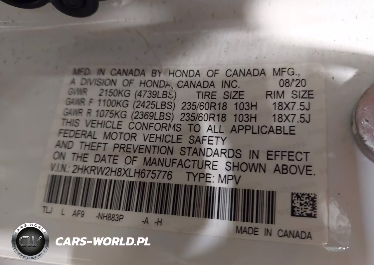 2020 Honda Cr-V Awd Ex-L VIN:2HKRW2H8XLH675776 - 9