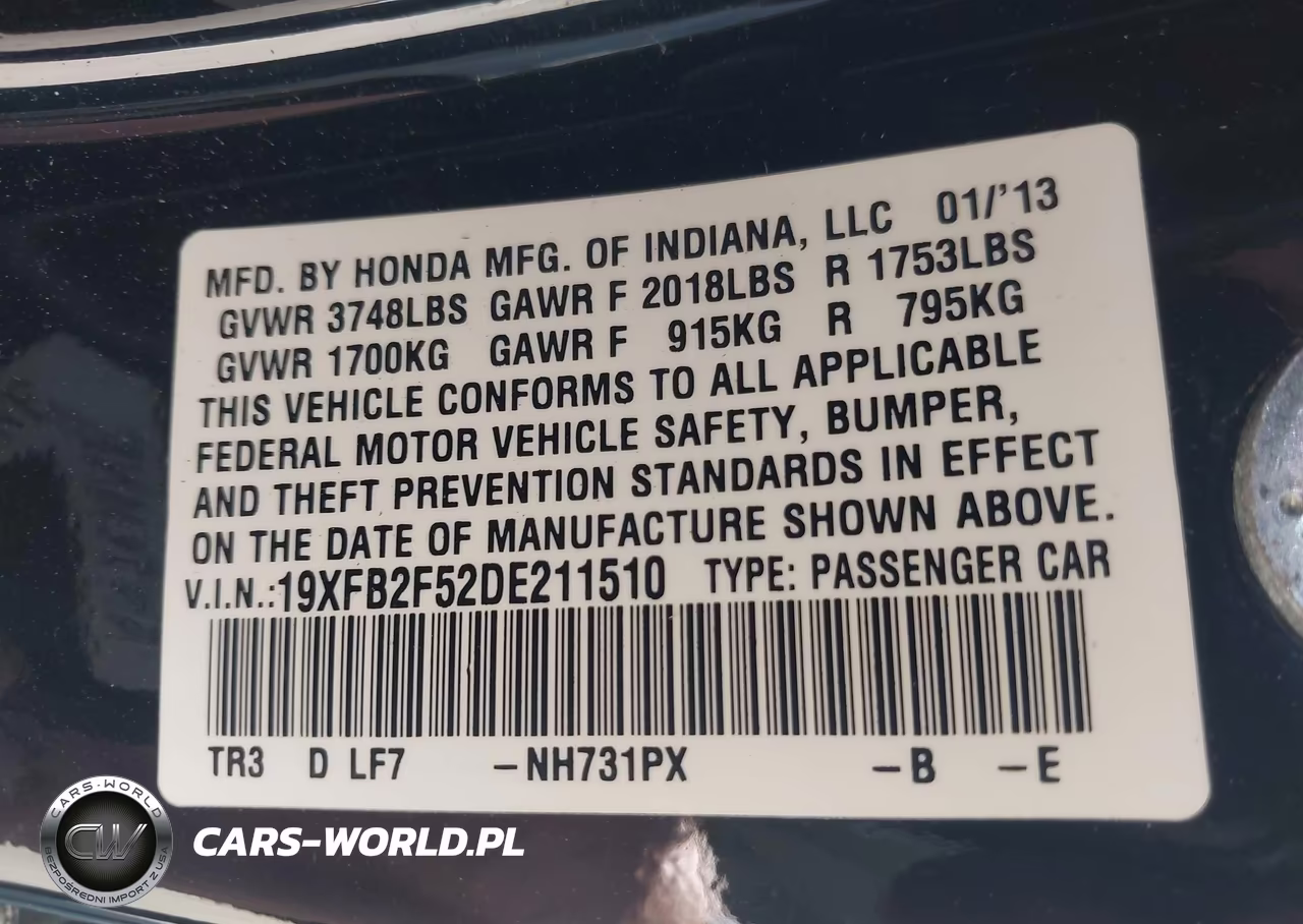 2013 Honda Civic Lx VIN:19XFB2F52DE211510 - 9