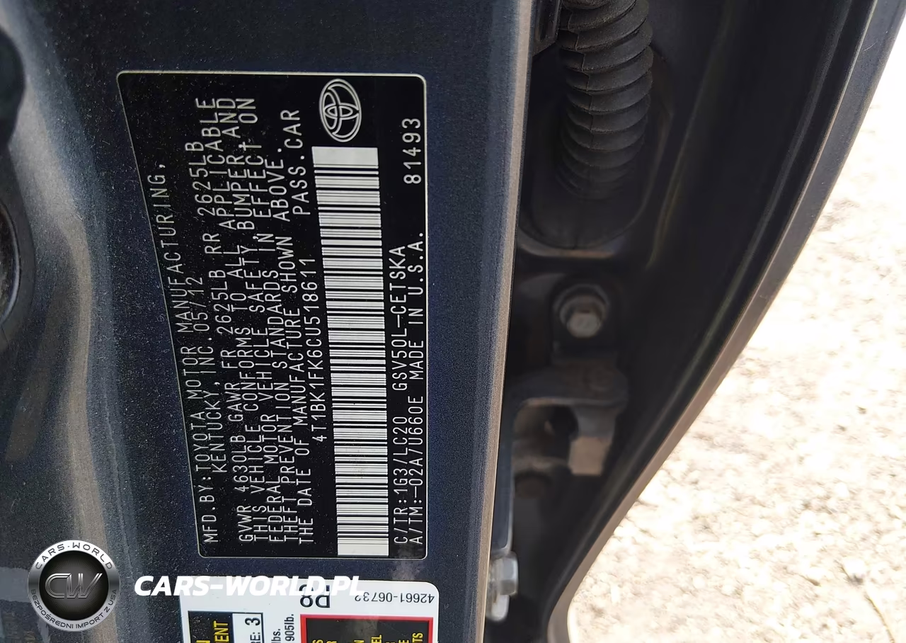 2012 Toyota Camry Se V6 VIN:4T1BK1FK6CU518611 - 9