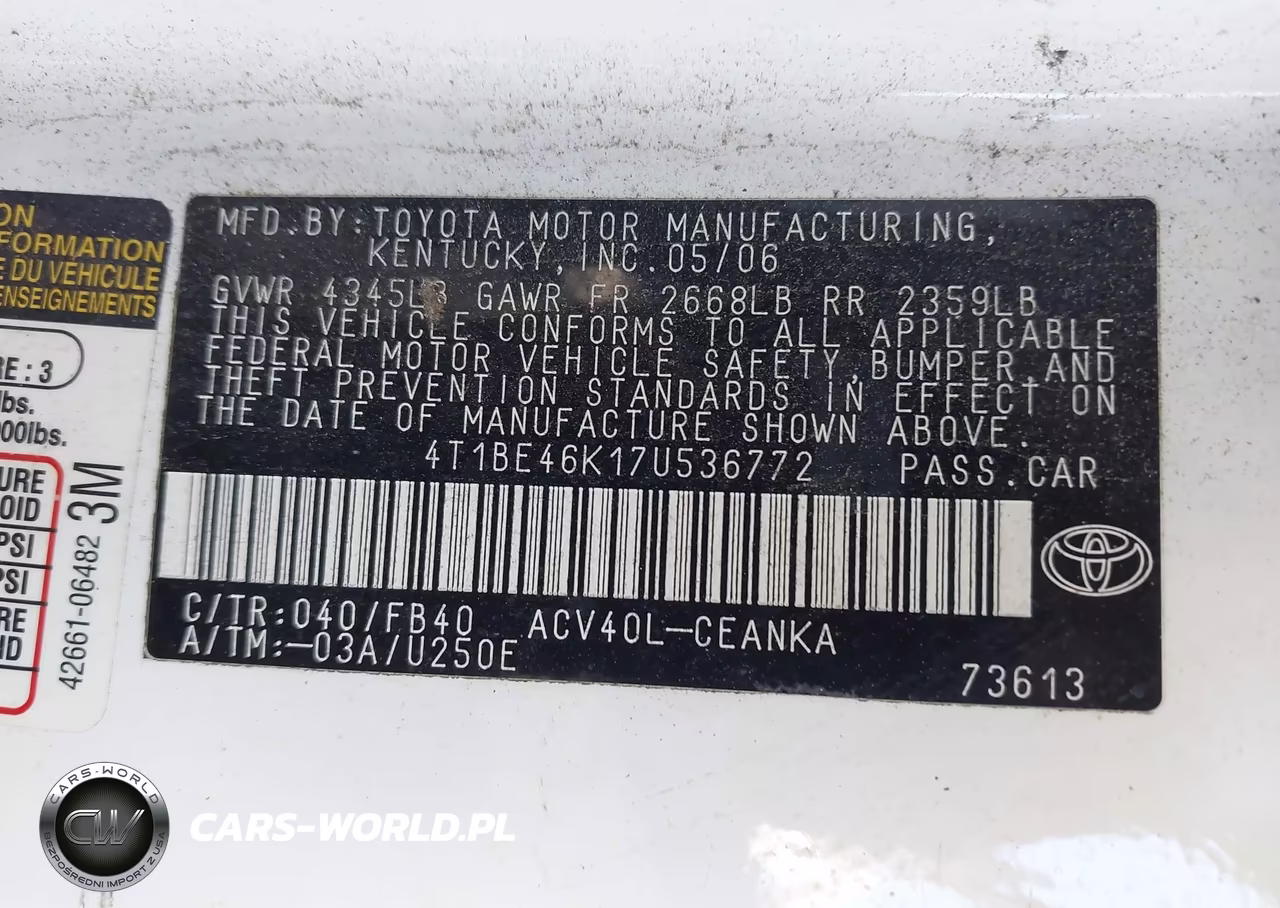 2007 Toyota Camry Le VIN:4T1BE46K17U536772 - 9