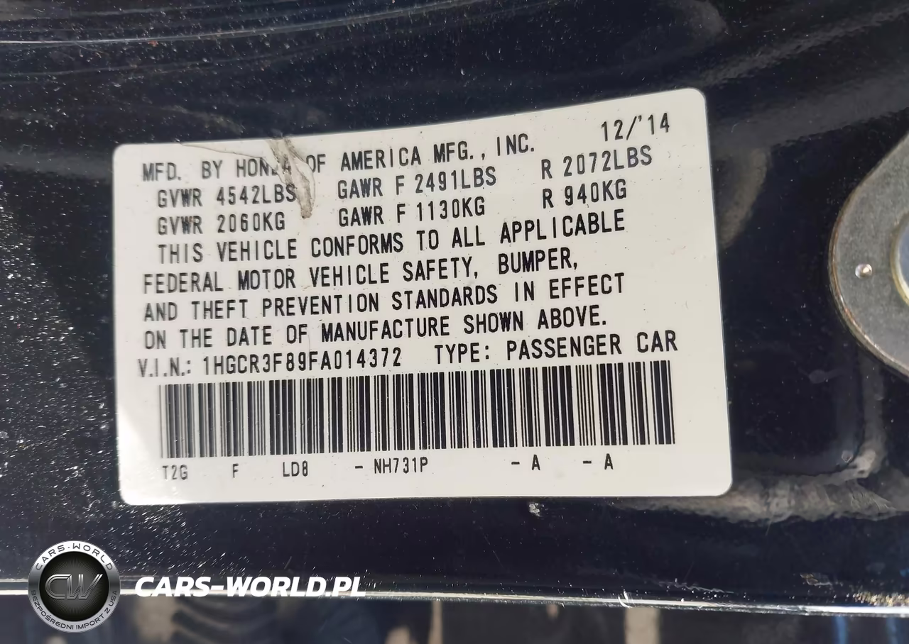 2015 Honda Accord Ex-L V-6 VIN:1HGCR3F89FA014372 - 9