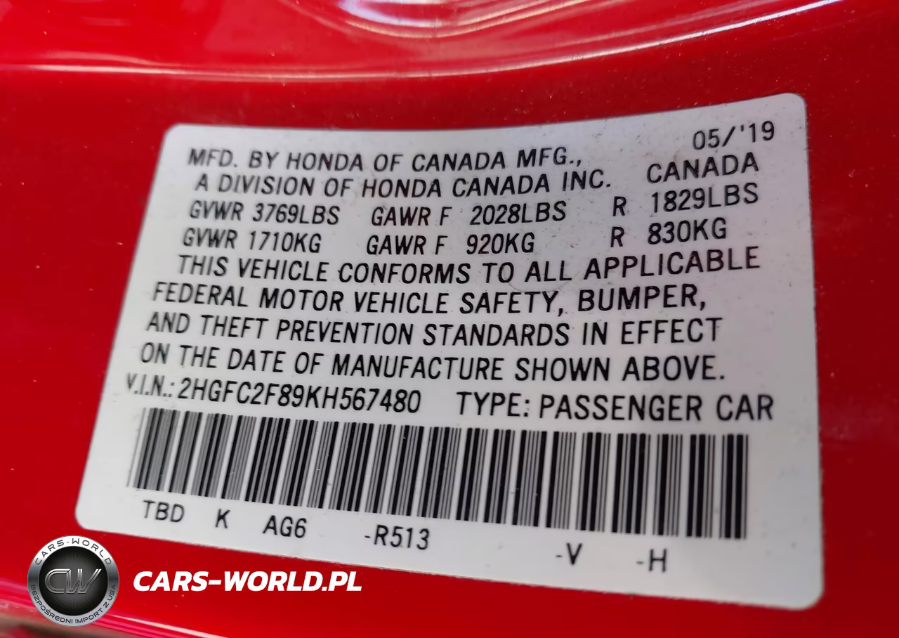 2019 Honda Civic Sport VIN:2HGFC2F89KH567480 - 9