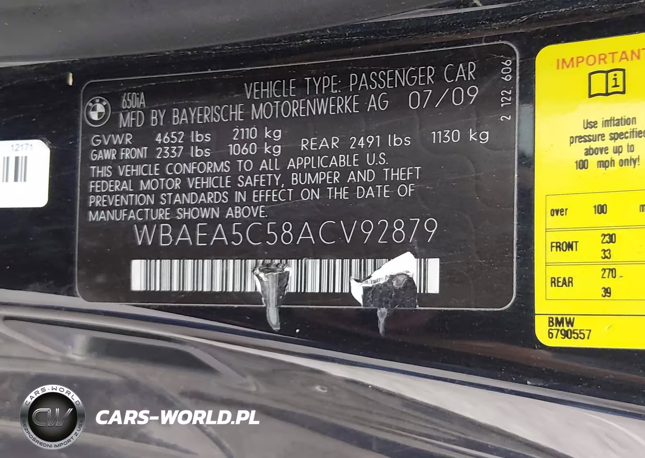 2010 BMW 650I VIN:WBAEA5C58ACV92879 - 9
